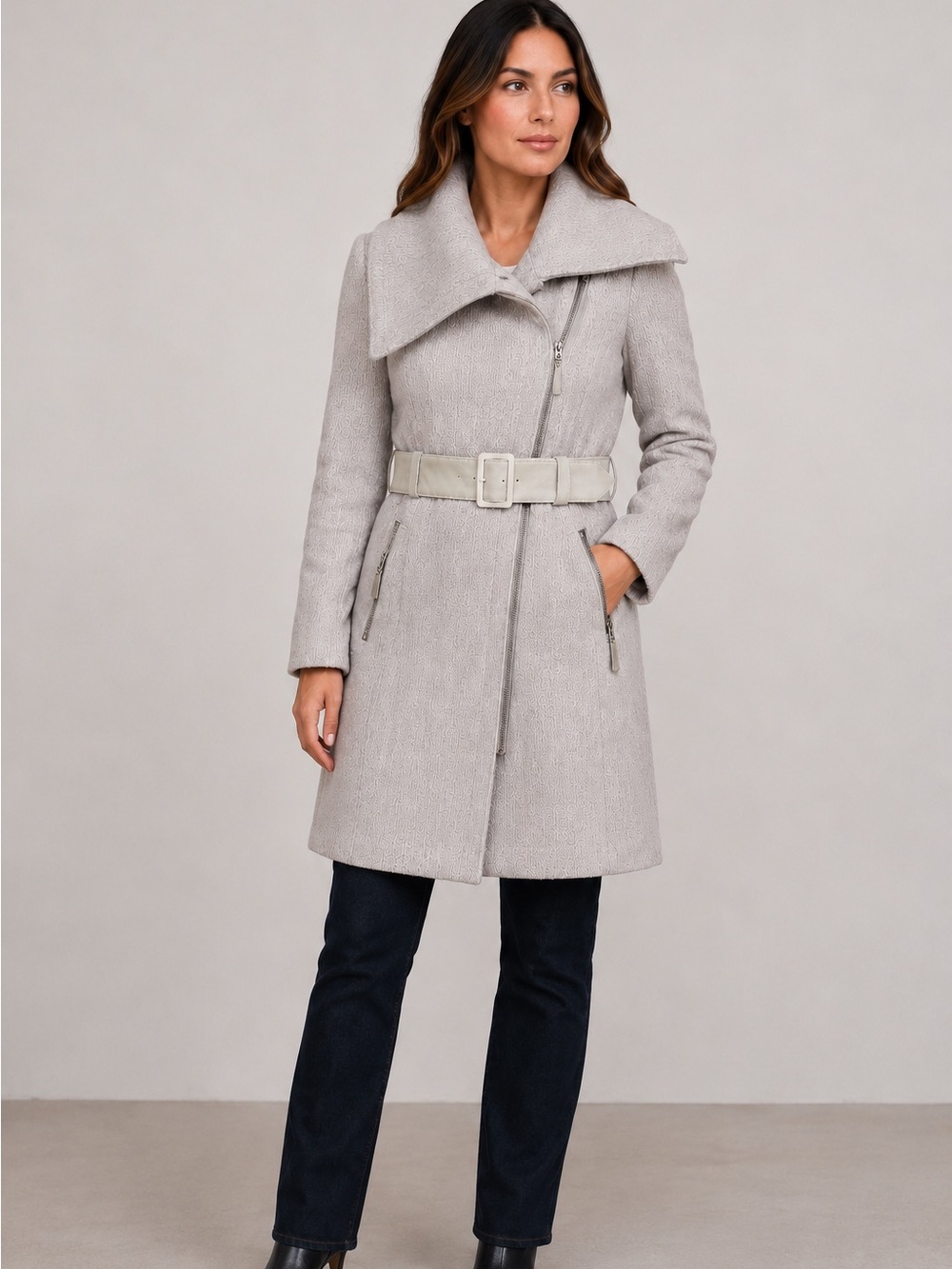Mackage Wool Blend Belted Coat Gray Textured Leather Trim Canada Sz Large